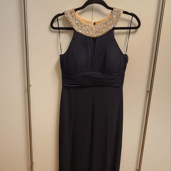 Navy formal gown dress with stretchy fabric and flare bottom - Picture 3 of 6